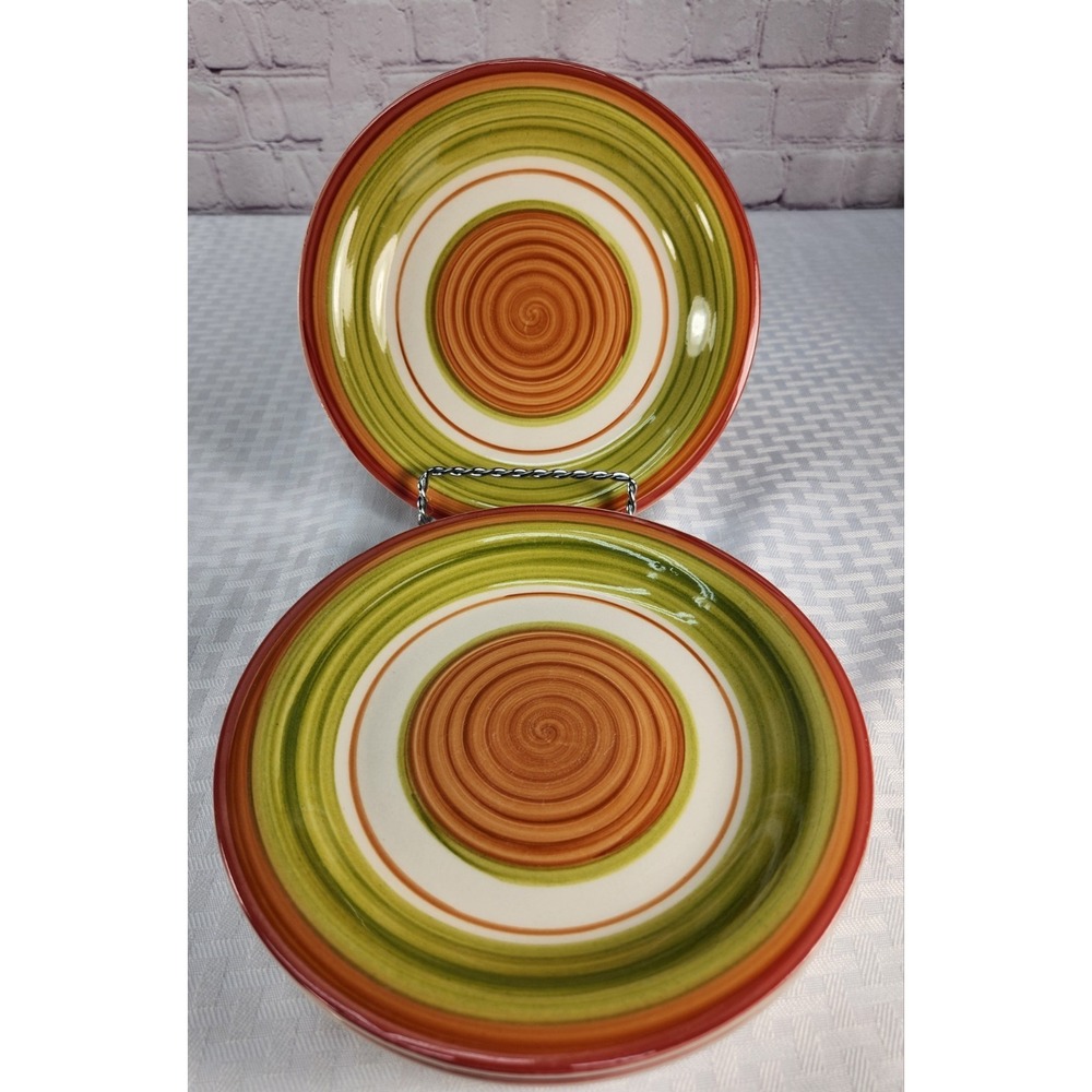 Set of 4 Pier 1 Valencia Salad Dessert Bread Plates Orange Green Swirl Stoneware